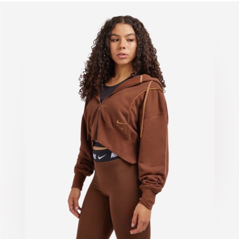 NIKE AIR Full Zip Fleece Cropped Oversized Brown Hoodie Womens MEDIUM Sweatshirt